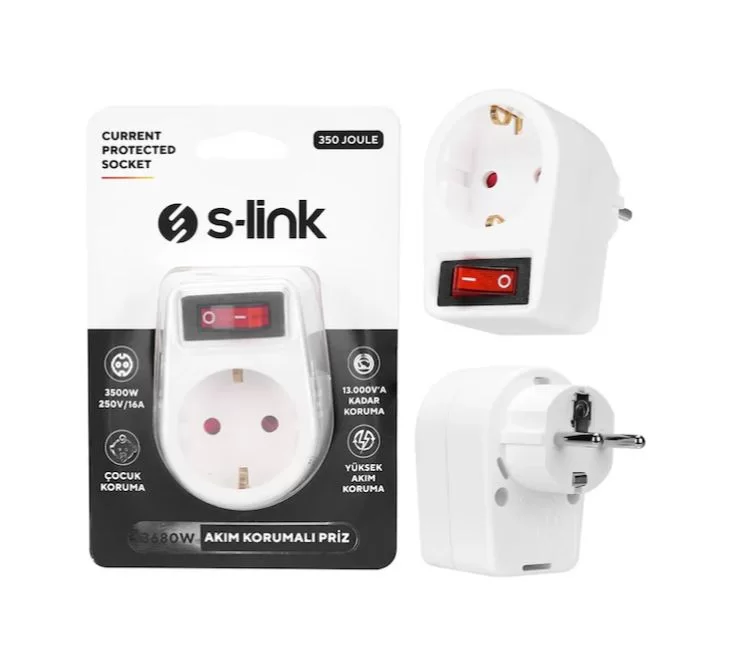 S-Link SL-05P 16A 250V 350 Joule Anahtarlı Akım Korumalı Priz