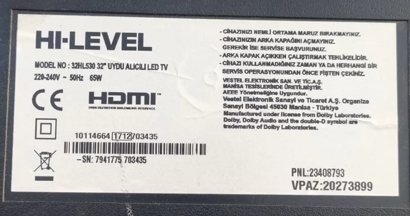 17MB140 , 10114664 , 23468883 Hi-Level 32HL530 Main Board Anakart