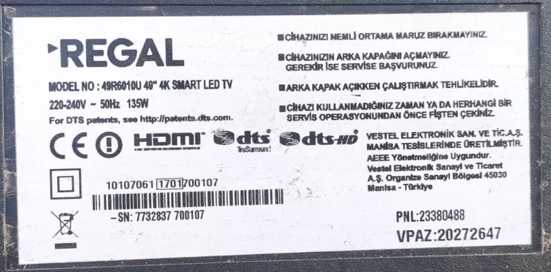 17TK151R3 Regal 42R6010U Tuş Takımı