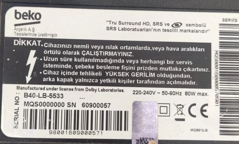 VTY190R-6 Beko B40-LB-5533 MAİNBOARD ANAKART