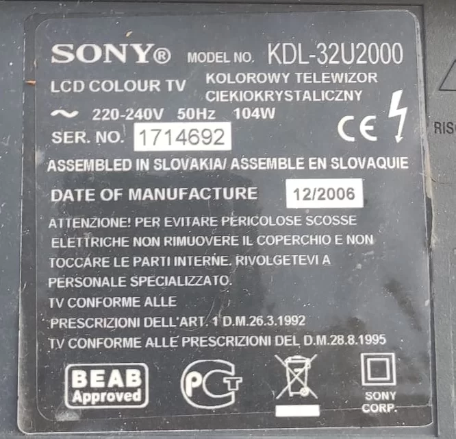 1-871-875-11 Sony KDL-32U2000 Main Board Anakart