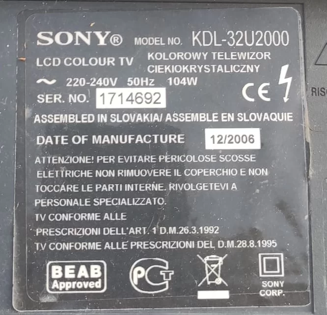 1-871-490-21 Sony KDL-32U2000 Main Board Anakart