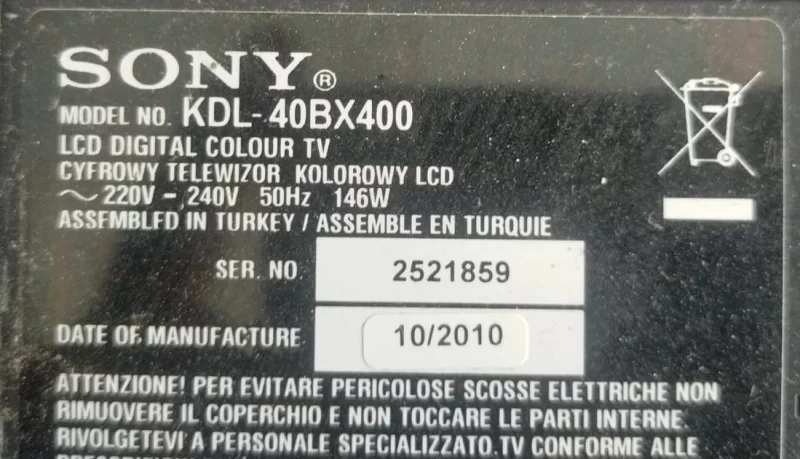 1-881-019-13 , Sony KDL-40BX400 Main Board