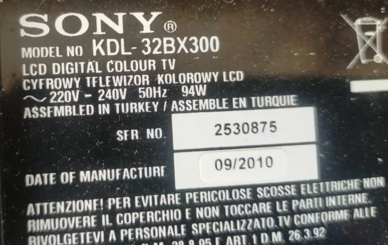 G2LSD , 147420811 , 01222608 Sony KDL-32BX300 Power Board