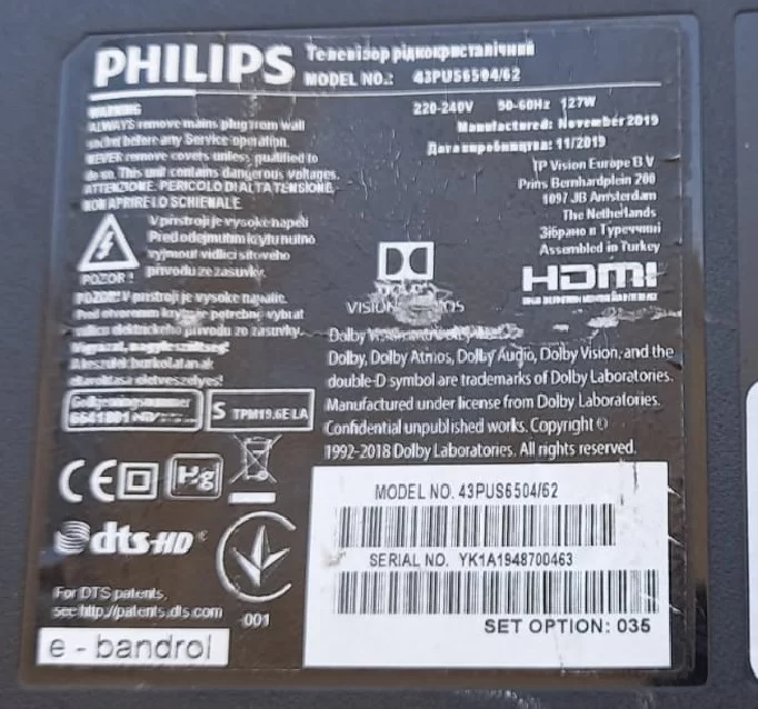 715g8623-R1a-000-004y, Philips 43pus6504 Göz Sensör Ir