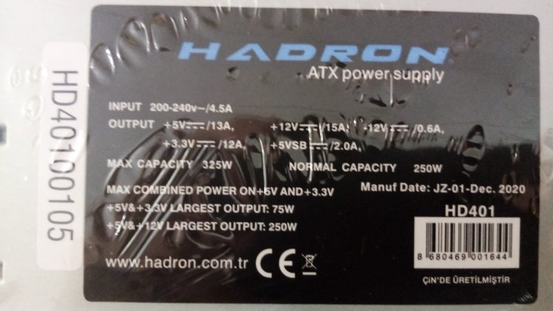 Hadron HD401 250W Atx Power Supply  