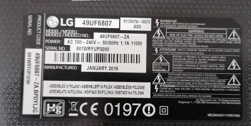 EAX66490501 (1.4) LGP49E-15UL2  LG 49UF6807 POWER BESLEME