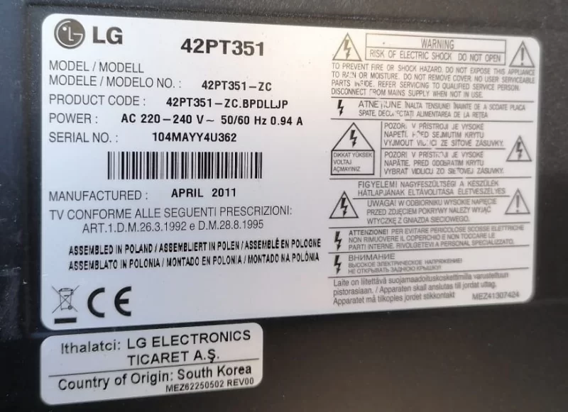 EAX63329801/10, EAY62170901, LG 42PT351 POWER BESLEME