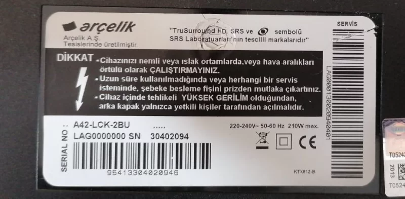 VUT190R-6, LAGLZZ, ARÇELİK A42-LCK-2BU MAİNBOARD ANAKART