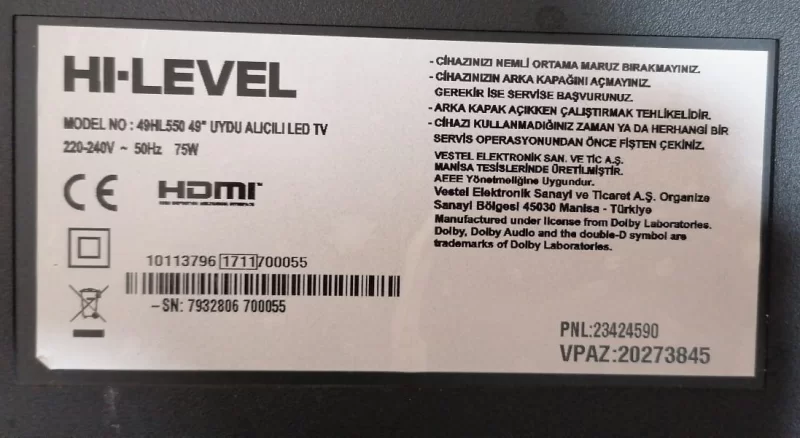 17IPS12, 23121110, 27155133 HI-LEVEL 49HL550 POWER BESLEME