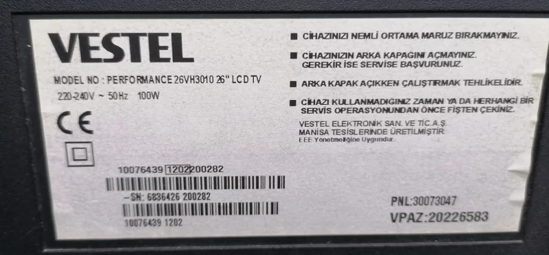 17MB48-1.1, 10078188, 23029545, VESTEL PERFORMANS 26VH3010 MAİNBOARD