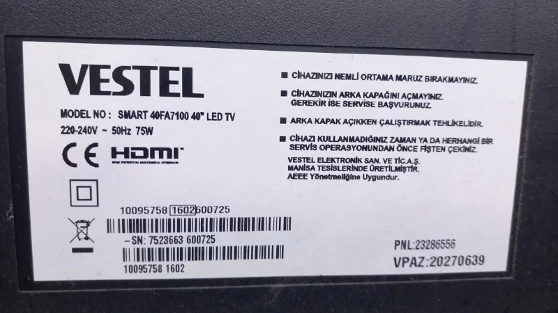 17MB96, 10095758, 23294395, VESTEL 40FA7100 MAİNBOARD ANAKART