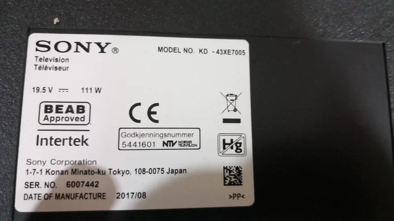 Sony KD-43XE7005, 19.5 V  6.2a , Amper Tv Adaptör