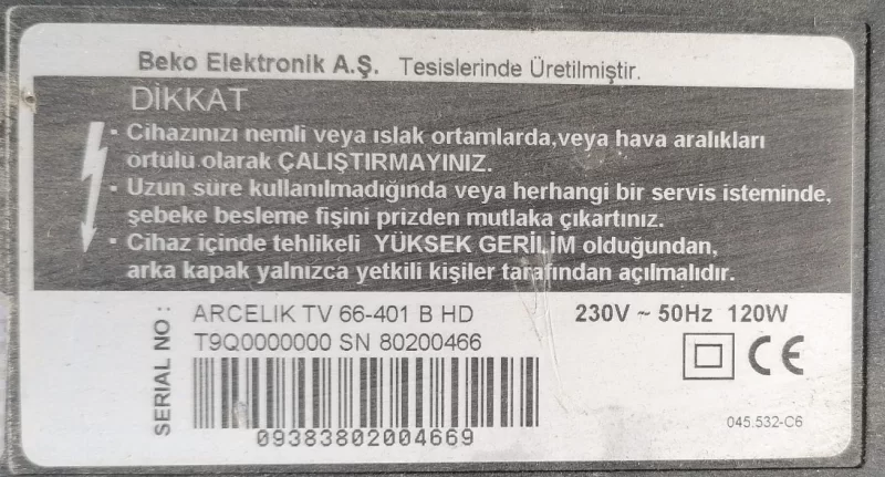 XLA190R-6, U4N 2ZZ ARÇELİK TV 66-401 MAİNBOARD ANAKART