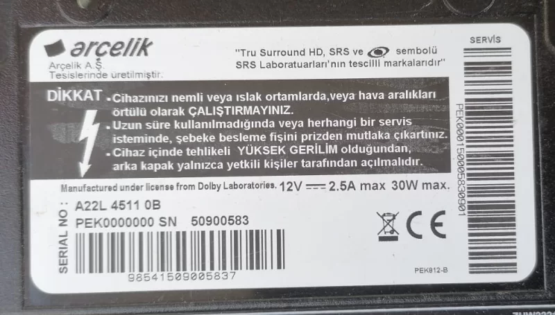 VTY190R-23, JS6KZZ, ARÇELİK A22L4511 0B MAİNBOARD ANAKART