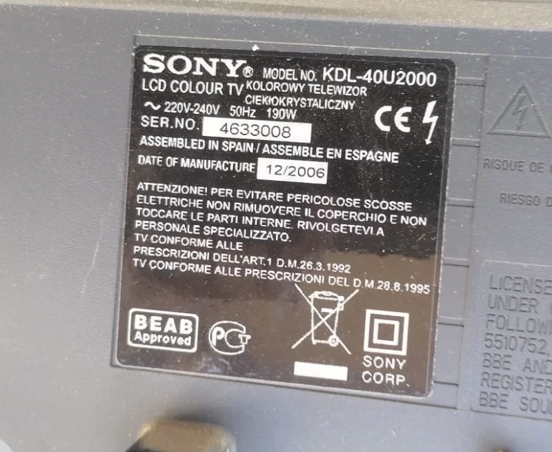 1-870-686-11, SONY KDL-40U2000 POWER BESLEME