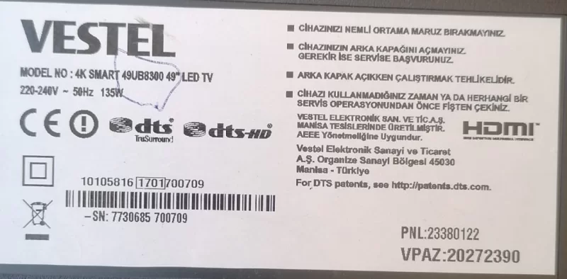 17MB120, 10105816, 23385089, VESTEL 49UB8300 MAİNBOARD ANAKART