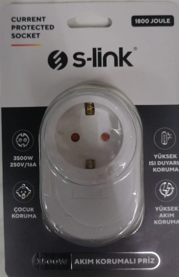 S-Link Sl-08 16A 3500W 1800 Joule Isıya Duyarlı Devre ve Akım Korumalı Tekli Priz