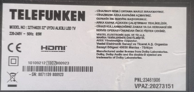 17IPS62, 28068807, 23367482, TELEFUNKEN 32TH4020 POWER BESLEME