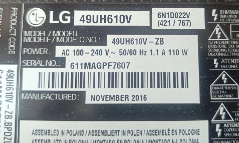 EAX66923201 (1.4), EAY64388811 LG 49UH610V POWER BESLEME