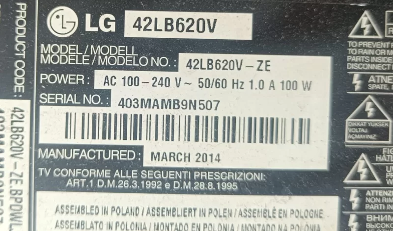 EAX65423701 (1.9), LG 42LB620 POWER BESLEME