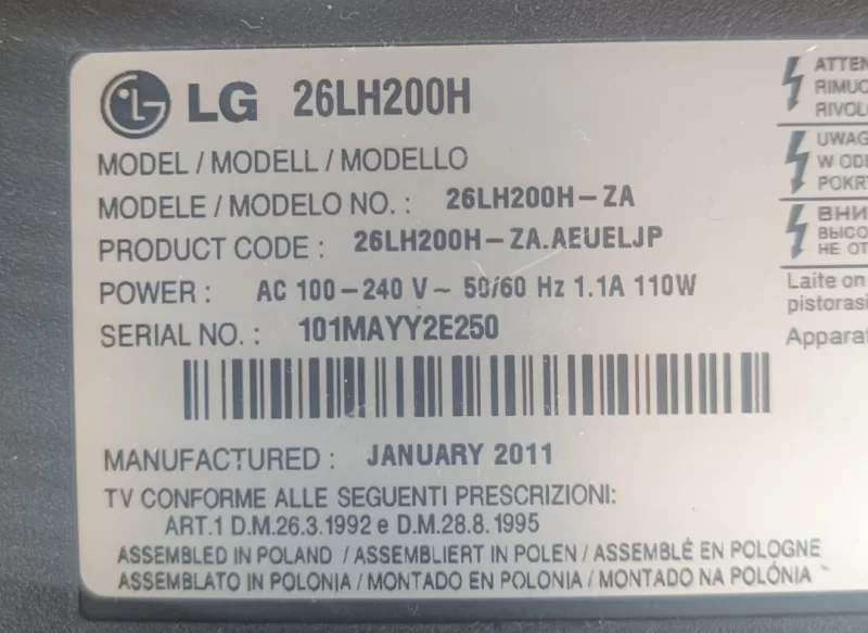 EAX62106801/1, LG 26HL200H POWER BESLEME